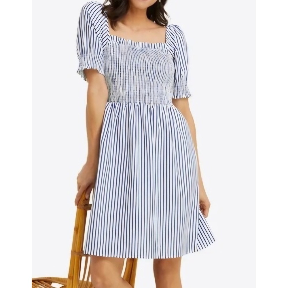 Draper James Smocked Mini Dress Lg Tag Fits M Striped Puffsleeve Preppy Nautical